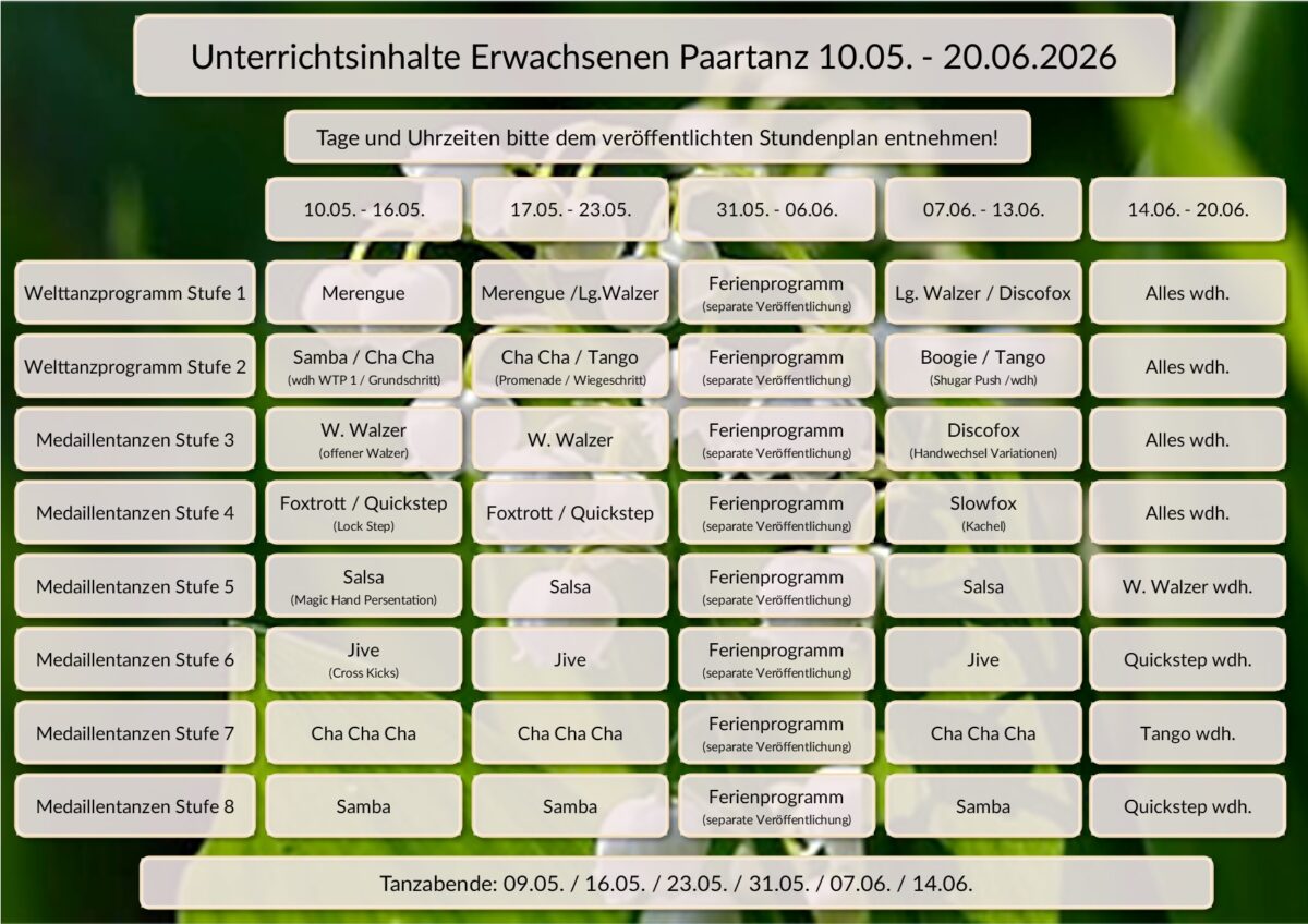 Stundenplan Paare Mai/Juni 2026