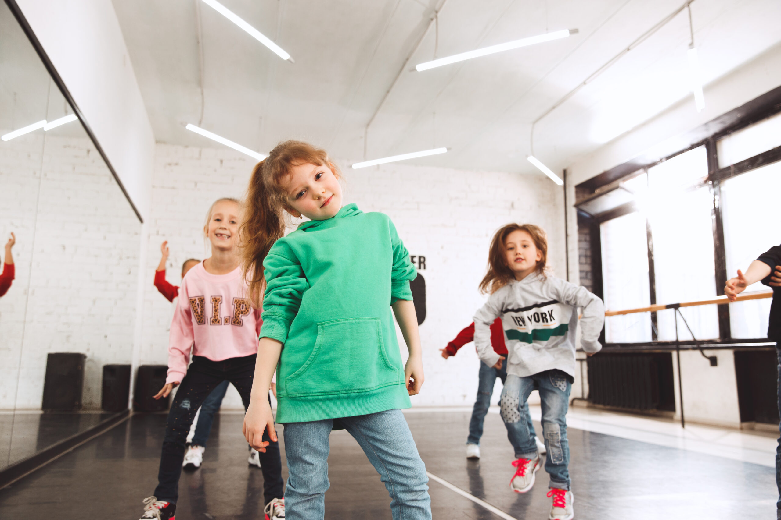The kids at dance school. Ballet, hiphop, street, funky and modern dancers